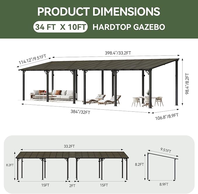 Aoxun 34’x10’ Gazebo with Aluminum Frame & Polycarbonate Panel, Outdoor Patio - Image 2