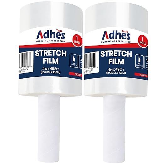 ADHES Handheld Stretch Film, 2 Rolls 100mm x 150m, Heavy Duty Plastic Wrap for Packaging, Moving, and Storage