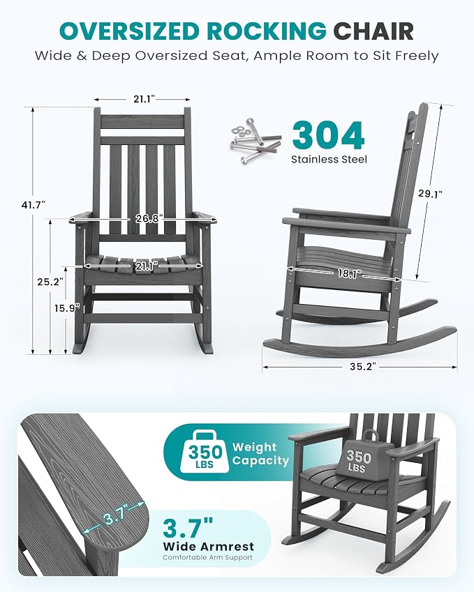 SERWALL Outdoor Rocking Chair Set of 2, Oversized Rocker - Image 2