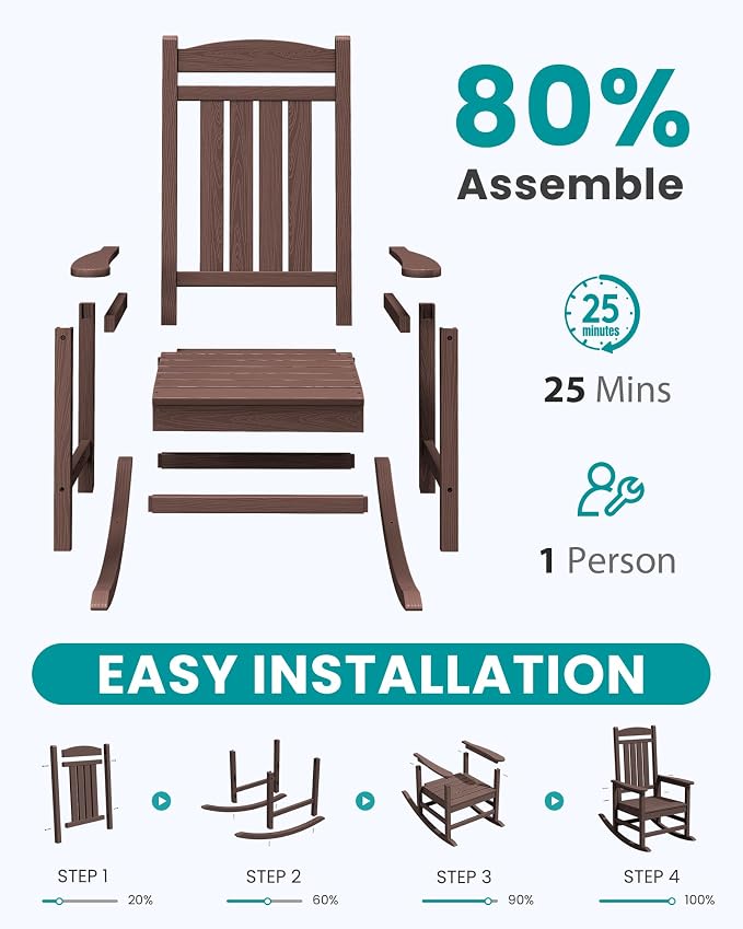 SERWALL Outdoor Rocking Chair Set of 4, Patio Rocking Chair, Coffee | HDPE - Image 8