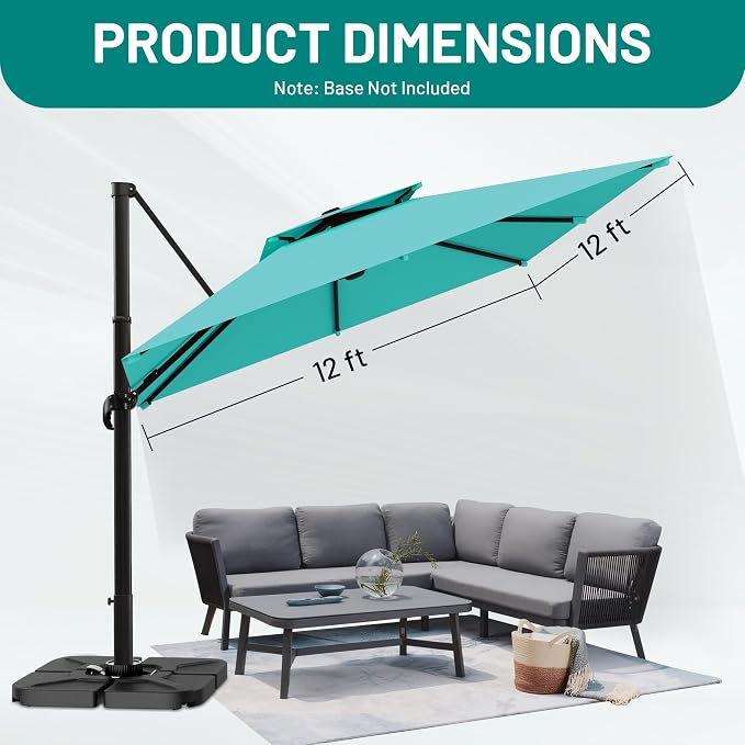 12×12 FT Double-Top Cantilever Patio Umbrella, Turquoise | Square Offset - Image 7