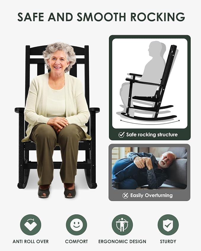 Outdoor Rocking Chair Set of 6, All-Weather Resistant Poly Lumber Rocker Chair - Image 5