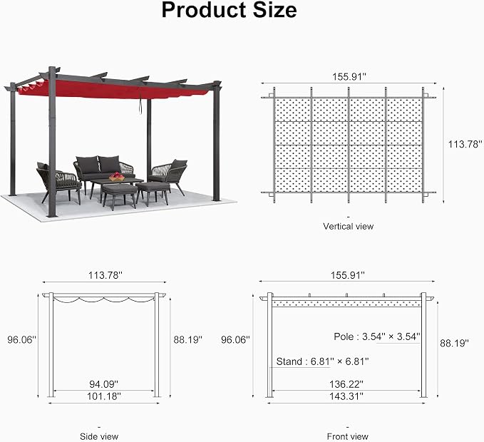 PURPLE LEAF Outdoor Pergola 10' X 13' Retractable Canopy Aluminum, Terra | - Image 7