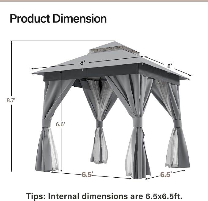 8'x8' Outdoor Gazebo, Heavy Duty Metal Frame Patio Canopy - Image 2