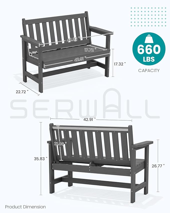 SERWALL HDPE Outdoor Bench, Weatherproof Porch Bench, 2 Pack, Suitable - Image 3
