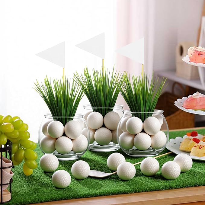 LemonRoad 6 Set Golf Party Centerpieces Table Decorations with Hollow Plastic Ball Artificial Grass Flag Flower Mud Sport Centerpiece Table Toppers for Golf Birthday Party Baby Shower Supplies