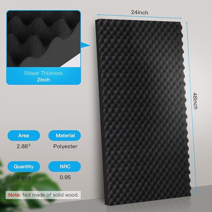 2 Pack Acoustic Panels, 48x24x2” Egg Crate Soundproof Foam Wall Panels High Density Noise Canceling Studio Foam Wall Panels for Echo Absorption Home Office (Black 2 Pack, 48"x24"x2")