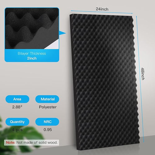 2 Pack Acoustic Panels, 48x24x2” Egg Crate Soundproof Foam Wall Panels High Density Noise Canceling Studio Foam Wall Panels for Echo Absorption Home Office (Black 2 Pack, 48"x24"x2")