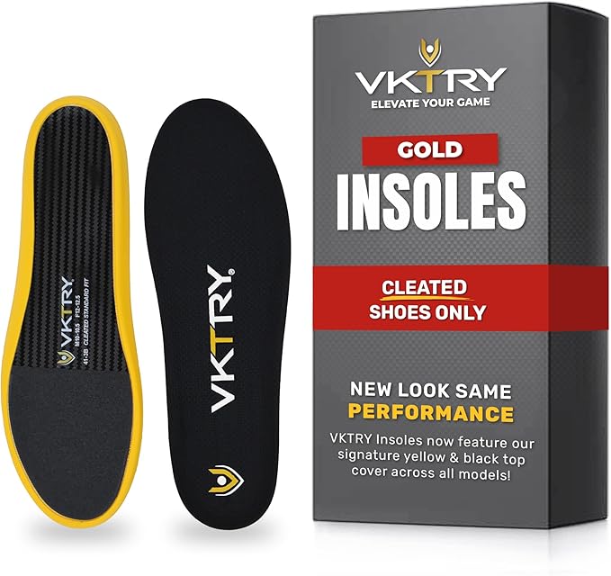 VKTRY Gold for Cleated Shoes - Carbon Fiber Performance Insoles Customized Athletic Inserts for Football, Baseball, Soccer, Golf, Lax & More | Run Fast, Jump High, US M10-10.5, W12-12.5, 171-220lb