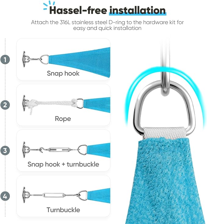 Quictent Sun Shade Sail for Patio w/Hardware Kit 185GSM 24x24ft Turquoise | - Image 5