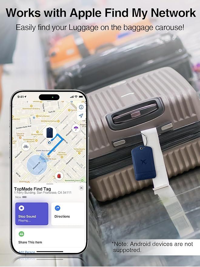 TopMade Smart Luggage Tag with Find My, Premium Leather Luggage Tags for Suitcase, Travel Bags, Backpacks, Anti-Lost Suitcase Tag Tracker for Travel with Privacy Name Card, Rechargeable