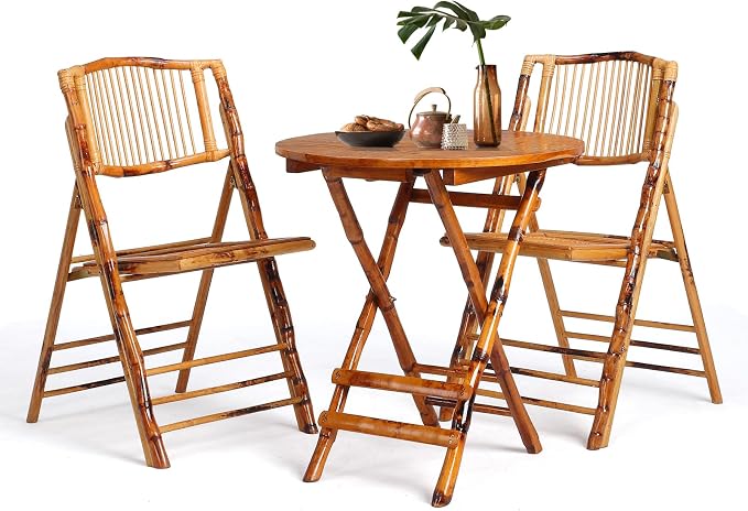 VINGLI Bamboo Folding Chair Table 3 Piece Bistro Set, Foldable Dining Wood by VINGLI