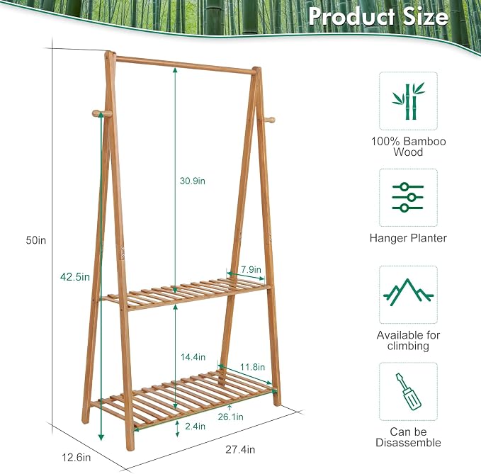 Hanging Plant Shelf Indoor Outdoor Bamboo Wood Plant Flower Stands | 2 Tiered - Image 6
