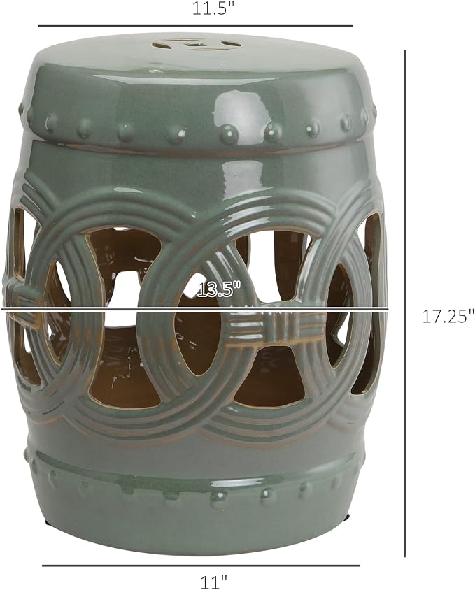 Outsunny 14" x 17" Ceramic Garden Stool Strong Glazed Material Green | - Image 3