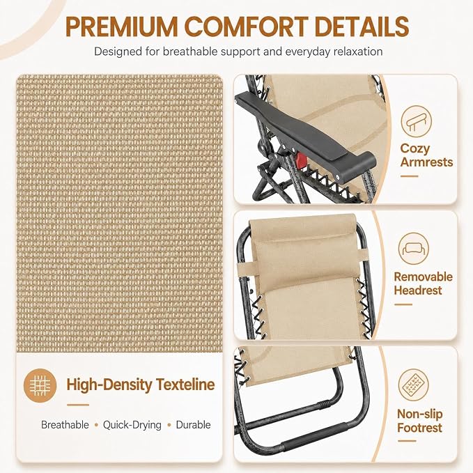 Yaheetech 26" Zero Gravity Recliners Adjustable Set of 2, Cup Holder Trays and - Image 6