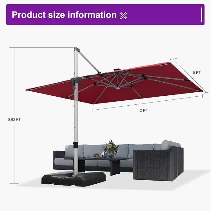 PURPLE LEAF Cantilever Umbrella 9' X 12' Solar LED Light Patio Deck, Terra | - Image 9