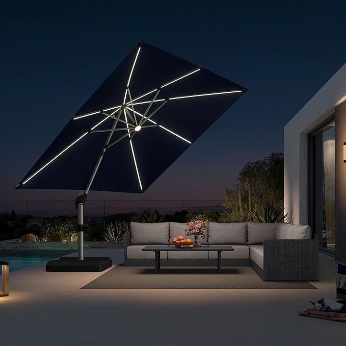 PURPLE LEAF Cantilever Patio Umbrella 10' X 10' Solar LED Light, Support to by PURPLELEAF