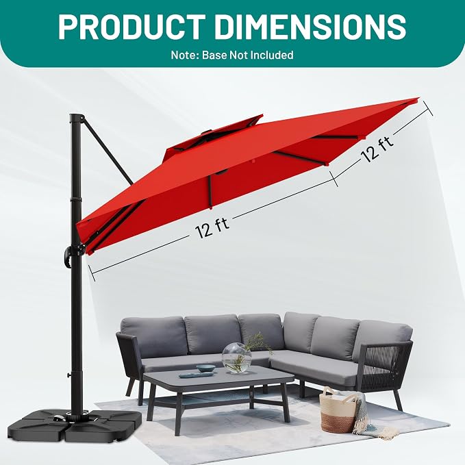 12×12 FT Double-Top Cantilever Patio Umbrella, Outdoor Umbrellas - Image 7