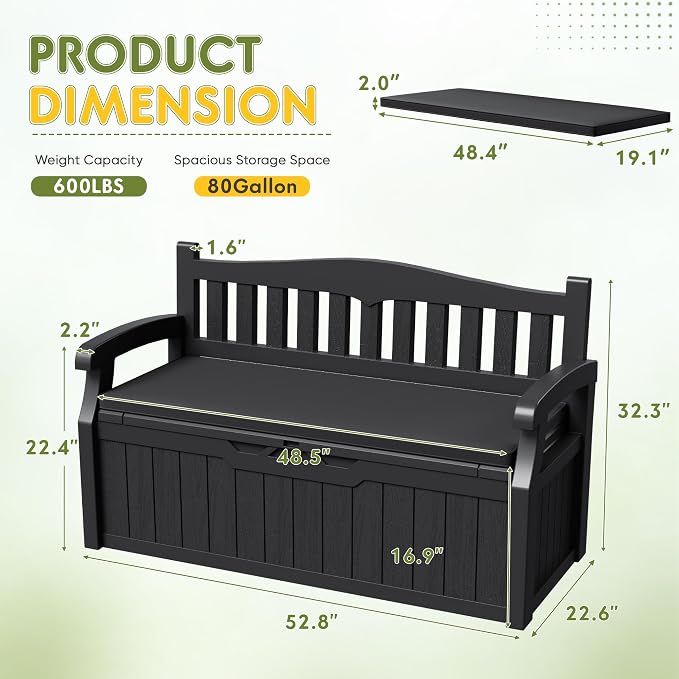 Greesum 80 Gallon Outdoor Storage Bench Deck Box, Waterproof UV Resistant - Image 3