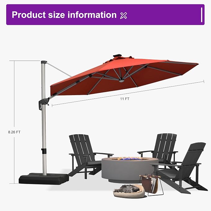 PURPLE LEAF Cantilever Patio Umbrella 11ft Round Solar LED Light, Brick Red | - Image 8