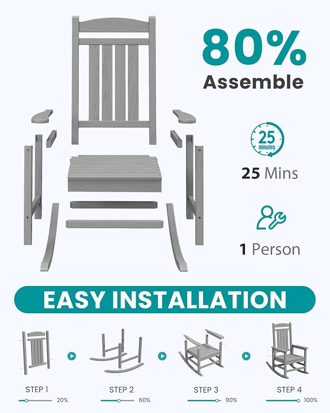 SERWALL Outdoor Rocking Chair Set of 2, Patio Rocking Chair, Light Gray | HDPE - Image 8