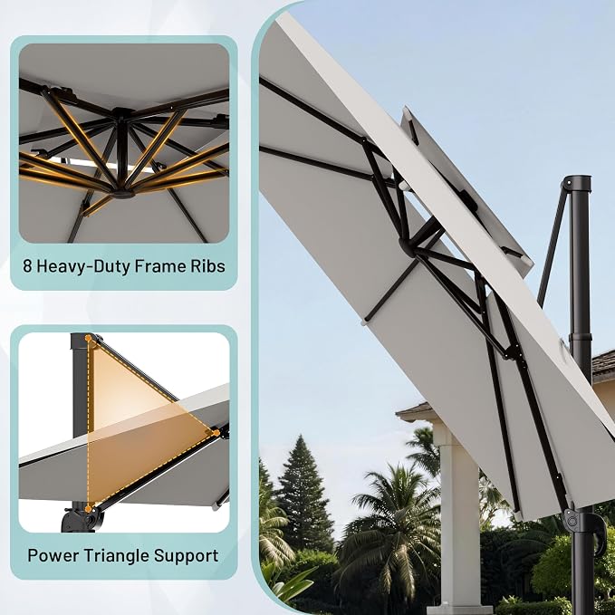 12×12 FT Double-Top Cantilever Patio Umbrella, Light Gray | Square Offset - Image 4