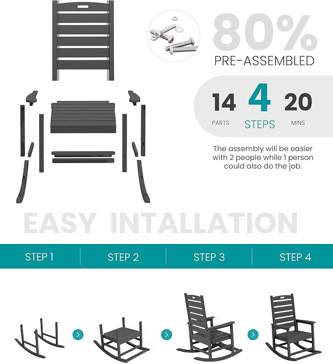 SERWALL Outdoor Rocking Chair Set of 4, Oversized HDPE Rocker, all Weather - Image 8