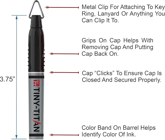 Tiny-Titan Mini Markers - Keychain Clip Golf Ball Marker - Clip On Nurse's Badge - Fine Point - Assorted Red, Blue, Green, Black - 4 Pens Per Pack