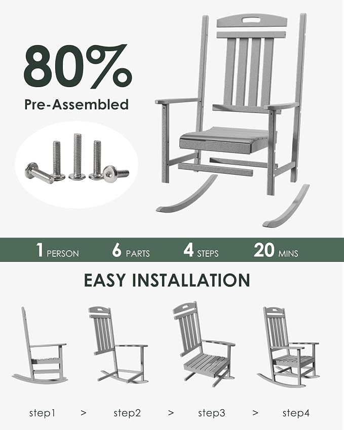 Outdoor Rocking Chair Set of 6, All-Weather Resistant Poly Lumber Rocker Chair - Image 3