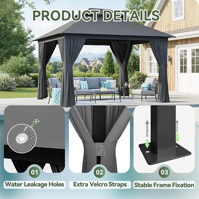 Aoxun 10x10FT Outdoor Gazebo w/Light, Dark Gray | UPF50+ Protection 50×50mm - Image 7