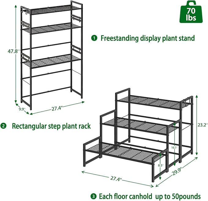 3-Tier Stair Style Metal Plant Stand, Stackable Plant Shelf | 3-tier stair style - Image 3