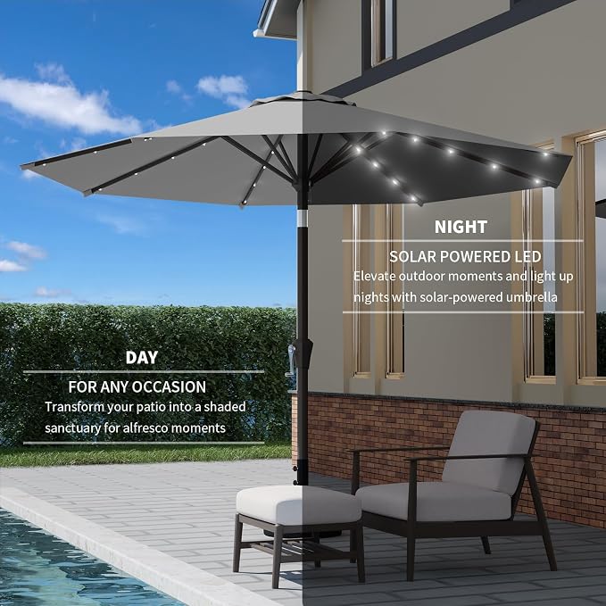 9FT Patio Umbrella with Solar Lights, Outdoor Market Umbrella with Tilt and - Image 3