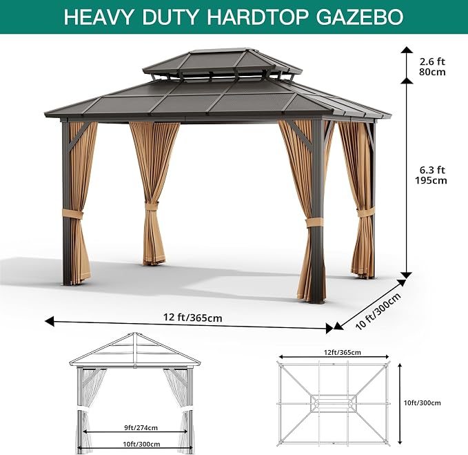 GAOMON 10x12ft Gazebo, Hardtop Outdoor Canopy Aluminum Frame Permanent Gazebo - Image 6