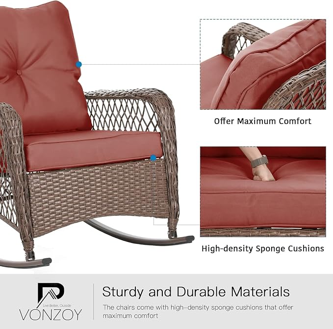 Patio Furniture Set 3 Pieces, Wicker Outdoor Rocking Bistro Set, Backyard or - Image 5