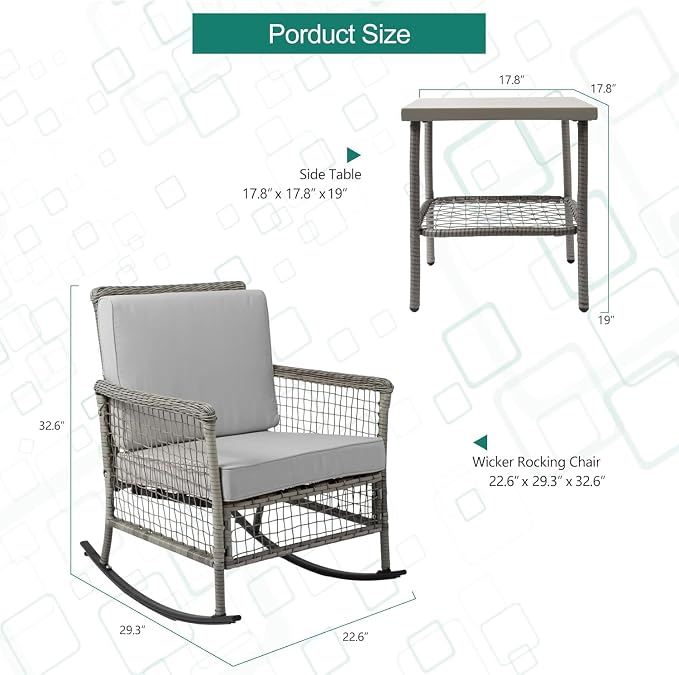DECMICO 3-Piece Grey Wicker Rocking Chair Set, Outdoor Patio Furniture | Modern - Image 2