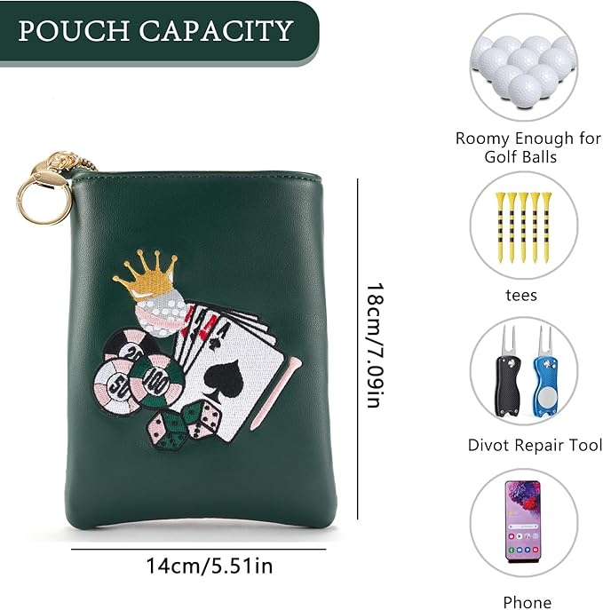 PINKTEE Golf Valuables Pouch Funny Golf Accessories Bag with Zipper Master Green Premiun Leather Golf Tee/Ball Pouch for Women Men (CASINO QUEEN, White stripe)