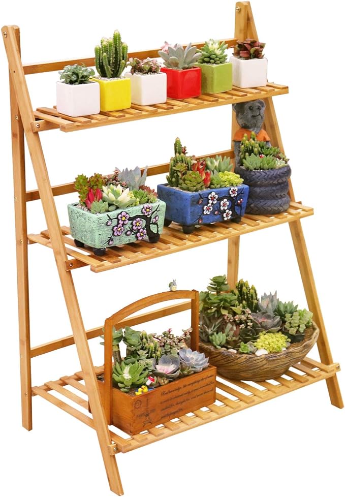 Ufine Bamboo Ladder Plant Stand 3 Tier Foldable Flower Pot Display Shelf | by Ufine