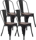 FDW | Metal Dining Chairs with Wooden Seat | Set of 4 | Black | Stackable Tolix by FDW