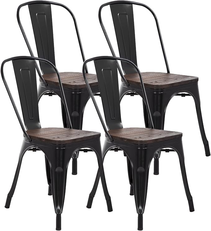 FDW | Metal Dining Chairs with Wooden Seat | Set of 4 | Black | Stackable Tolix by FDW