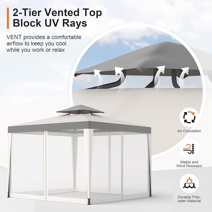 10’x10’ Patio Gazebo Canopy Tent w/Removable Netting, Ventilated Double-tier Top - Image 4