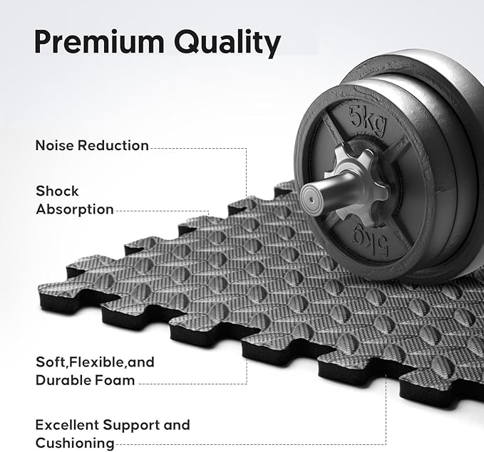 Home Gym Mat, Puzzle Exercise Mat, EVA Interlocking Foam Floor Tiles for Home Workout Equipment and Kids' Play Areas - Black, 24 in x 24 in x ½ in - 16 Tiles (Black, 16 Pack, 64 SQ FT)