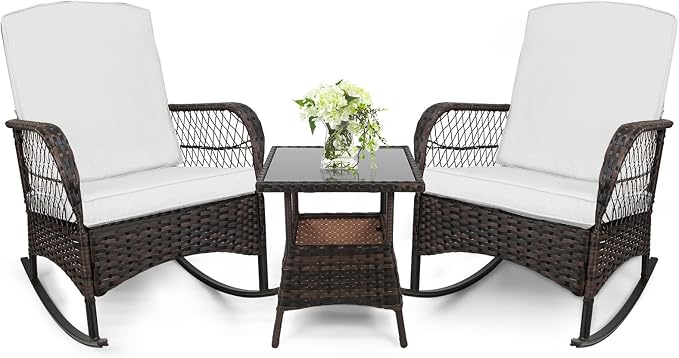 3pcs Modern PE Wicker Outdoor Rocking Chairs & Glass Table Set by Enjoyyourlife
