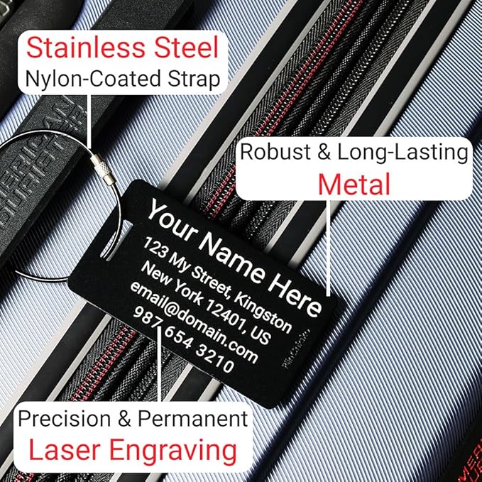 Personalized Metal Luggage Tag - Laser Engraved Aluminum Luggage Tags Pack of 1 (Black, 2x3.5)