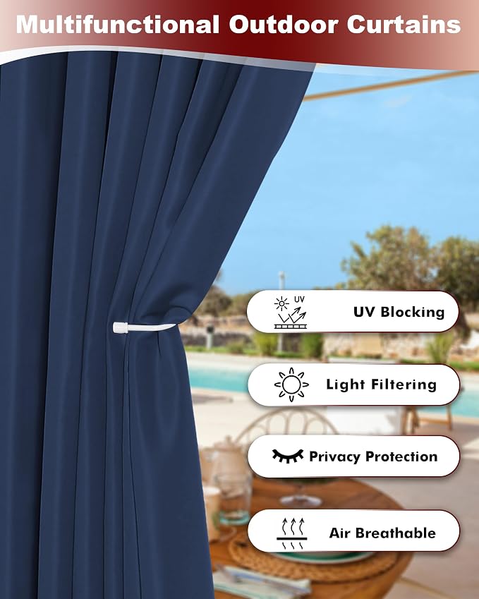 Grommet Outdoor Curtains for Patio Waterproof 8 Pcs 54x108 In Navy | - Image 3