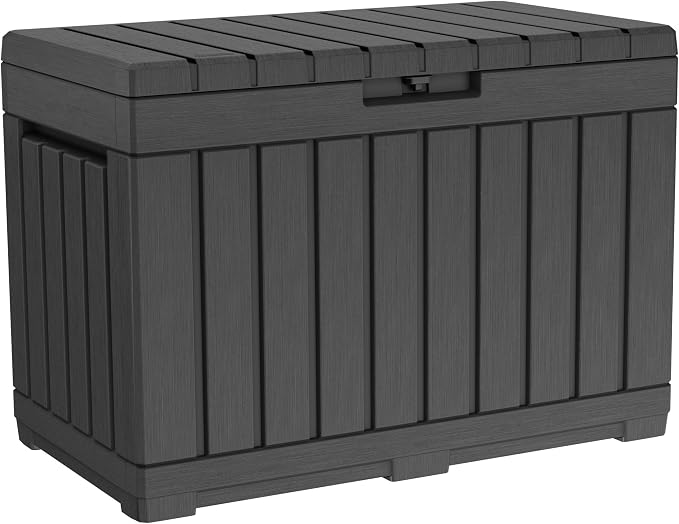 Keter Kentwood 50 Gal Outdoor Storage Box and Patio Side Table | Grey, by Unknown