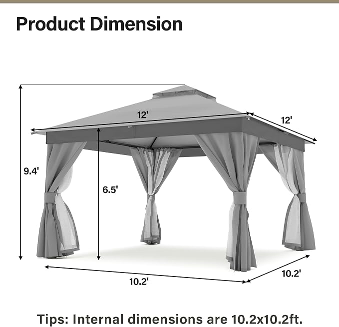 12'x12' Outdoor Gazebo with 100FT String Lights, Metal Heavy Duty Patio Canopy - Image 2