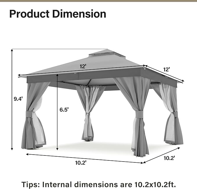 12'x12' Outdoor Gazebo, Metal Frame Heavy Duty Patio Canopy Tent Shelter - Image 5