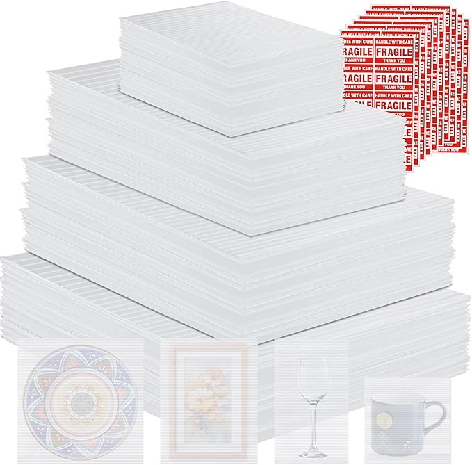 400PCS Moving Packaging Supplies,300 Cushioning Foam Pouches,4 Sizes (12x12",12x7.8",12x6",7.8x7.8") with 100 Fragile Stickers,Cushion Foam Wrap Pouches for Protect Dishes Cup Glasses Storage