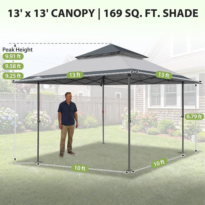 EAGLE PEAK 13x13 Pop Up Canopy Tent, Auto Extended Eaves, Light Gray | Easy - Image 3