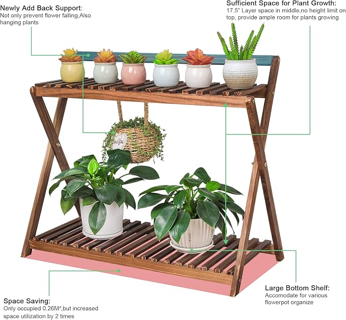 Indoor Plant Stand Shelf for Multiple Plants Hanging 2 Tier Wood | Outdoor - Image 3